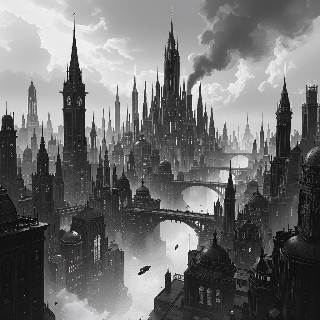 A dramatic black and white pencil drawing of a cityscape wit...