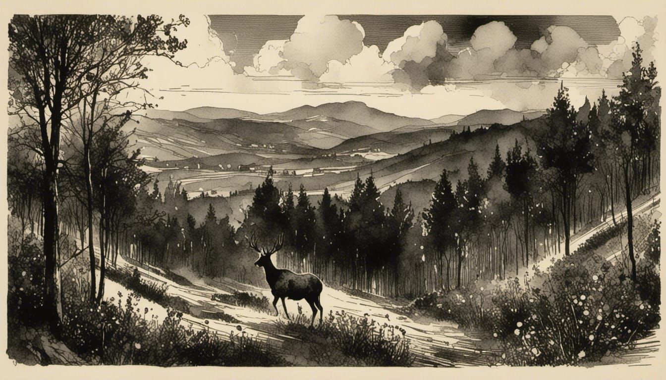 Watery ink drawing of a landscape