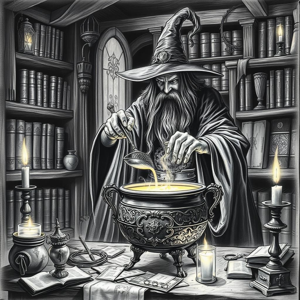 Mystic Sorcerer Brews Magic Potion: Charcoal Drawing