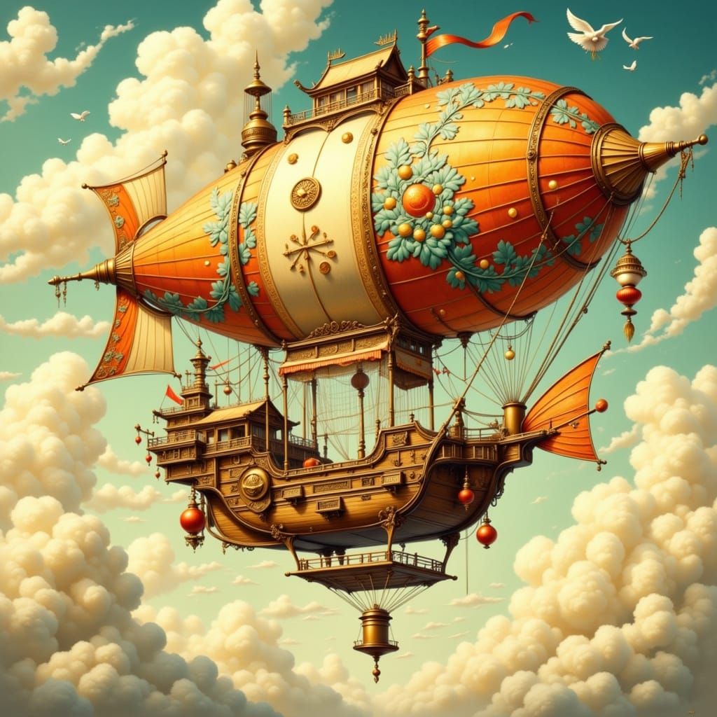 Fantastical Japanese Airship Soars Through Dreamy Golden Ski...