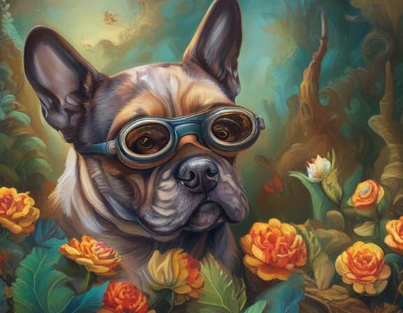 Steampunk Blue Bulldog in Floral Scene