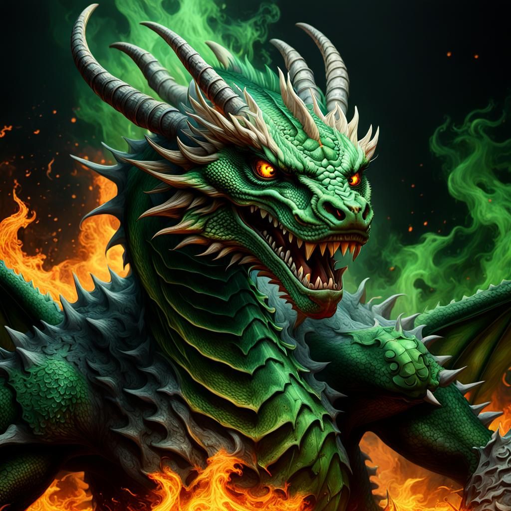 Green Dragon in Hell: Hyperrealistic Matte Painting