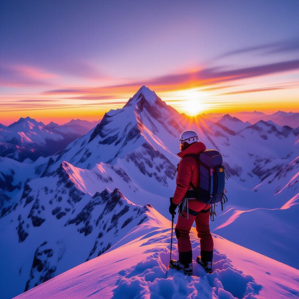 Man Reaches Mountain Summit at Sunset Epic Landscape