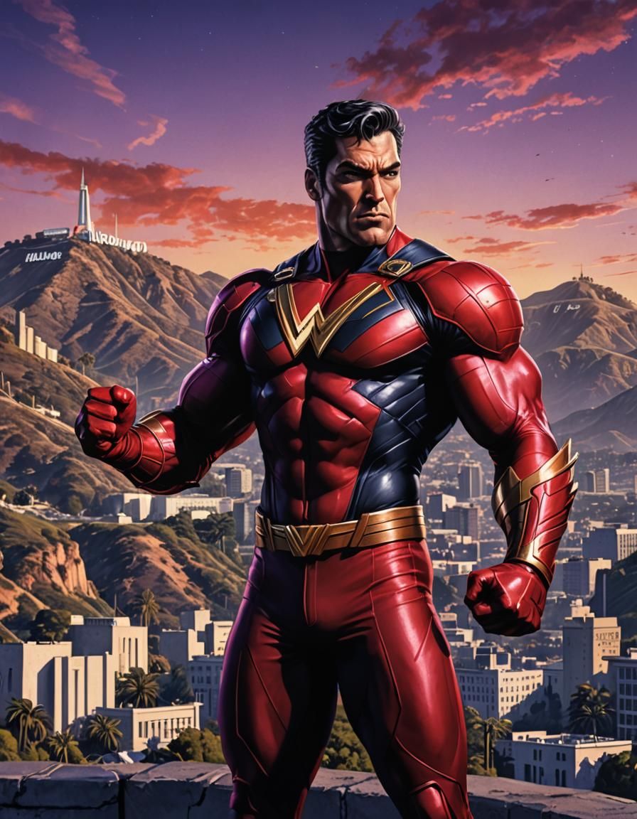 Wonder Man in Heroic Pose Against the Hollywood Sign