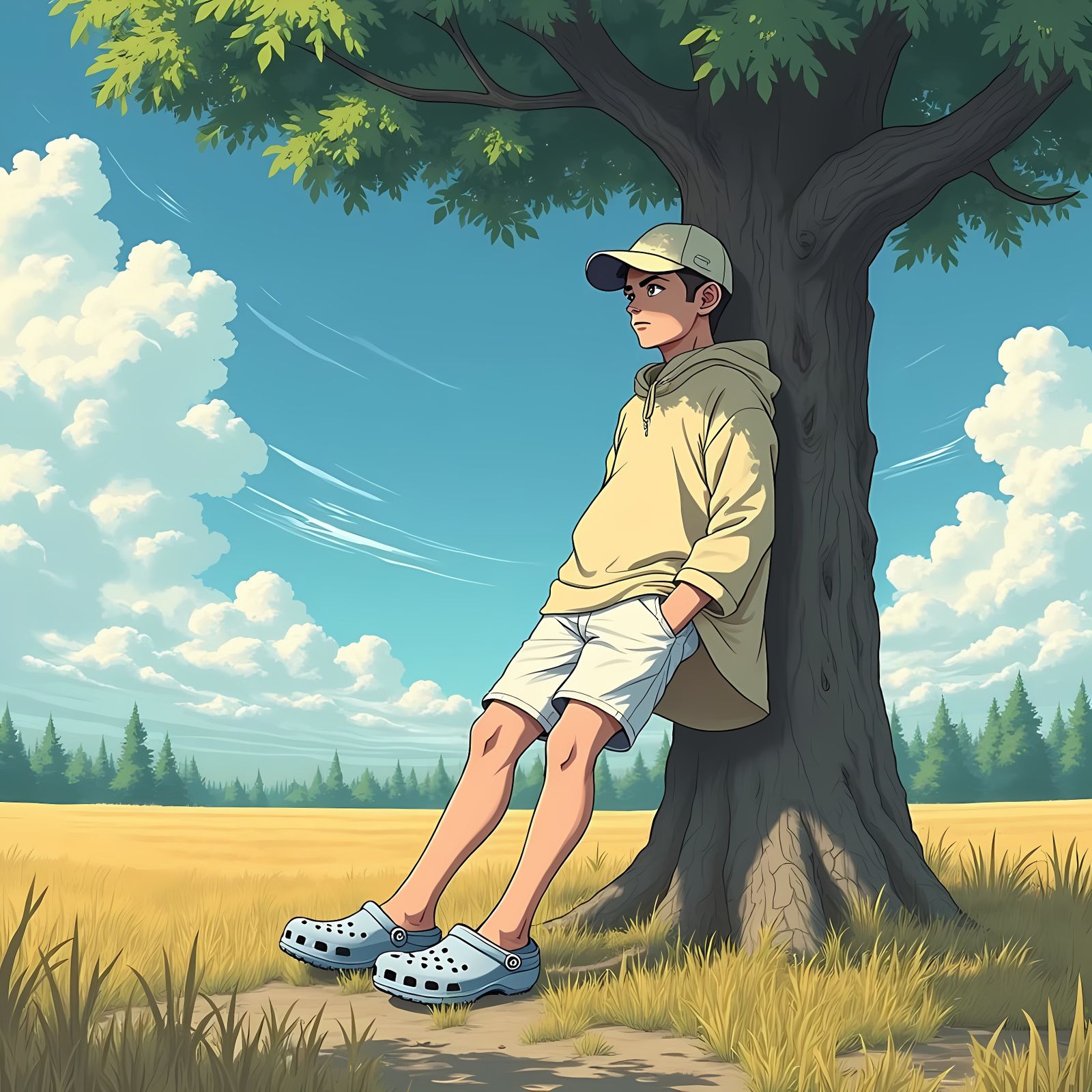 Young Man in Anime Style, Resting Behind an Oak Tree in a Pr...