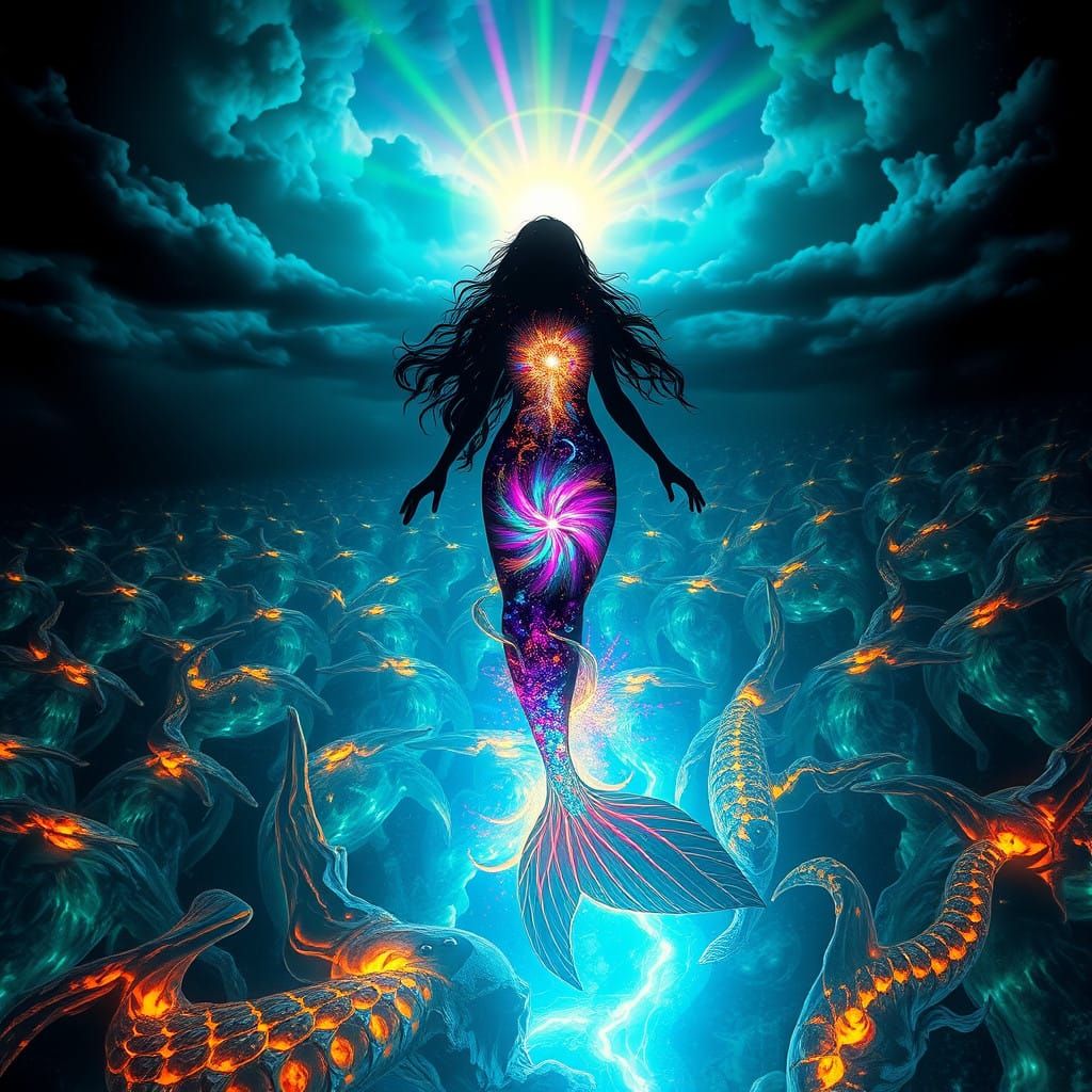 Ethereal Mermaid Amidst Iridescent Stormy Skies in Dramatic ...