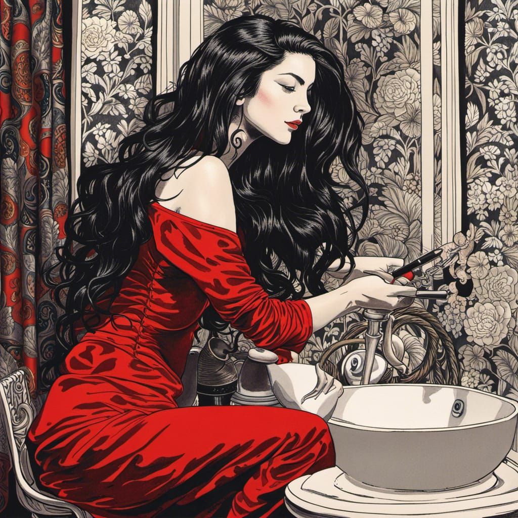 Beautiful Girl Dressing: Pen and Ink Illustration