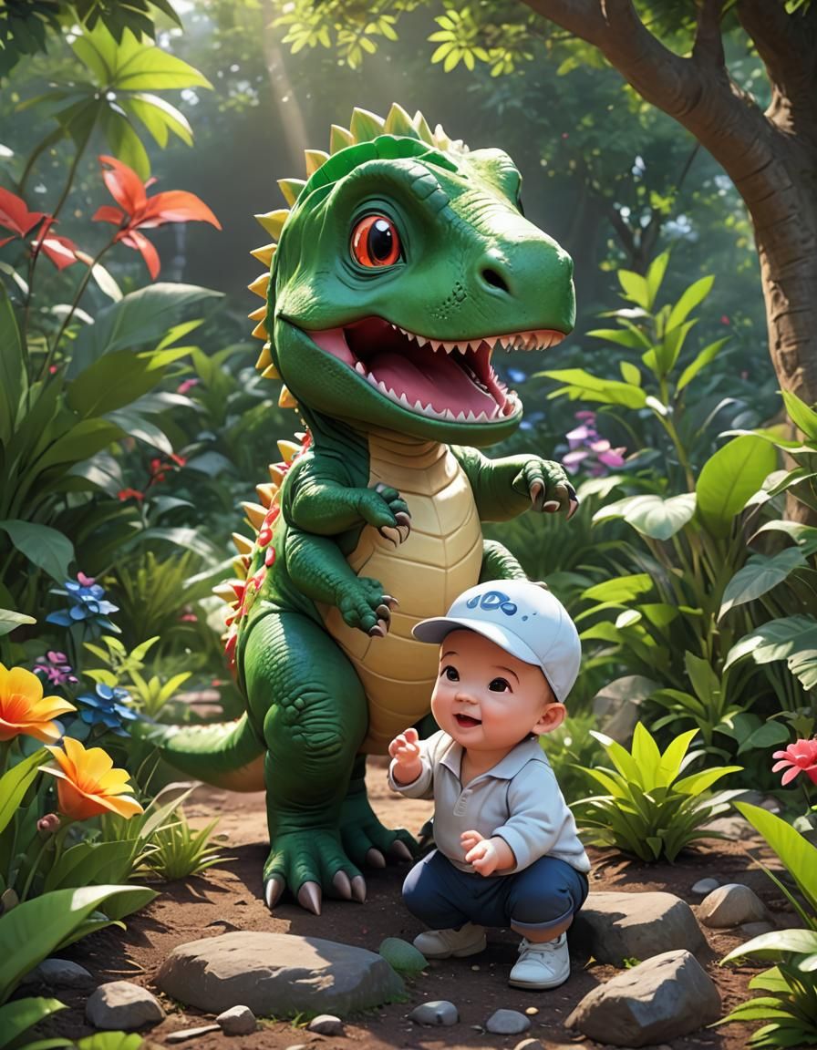 Cute Dinosaur Baby and Toddler in Garden