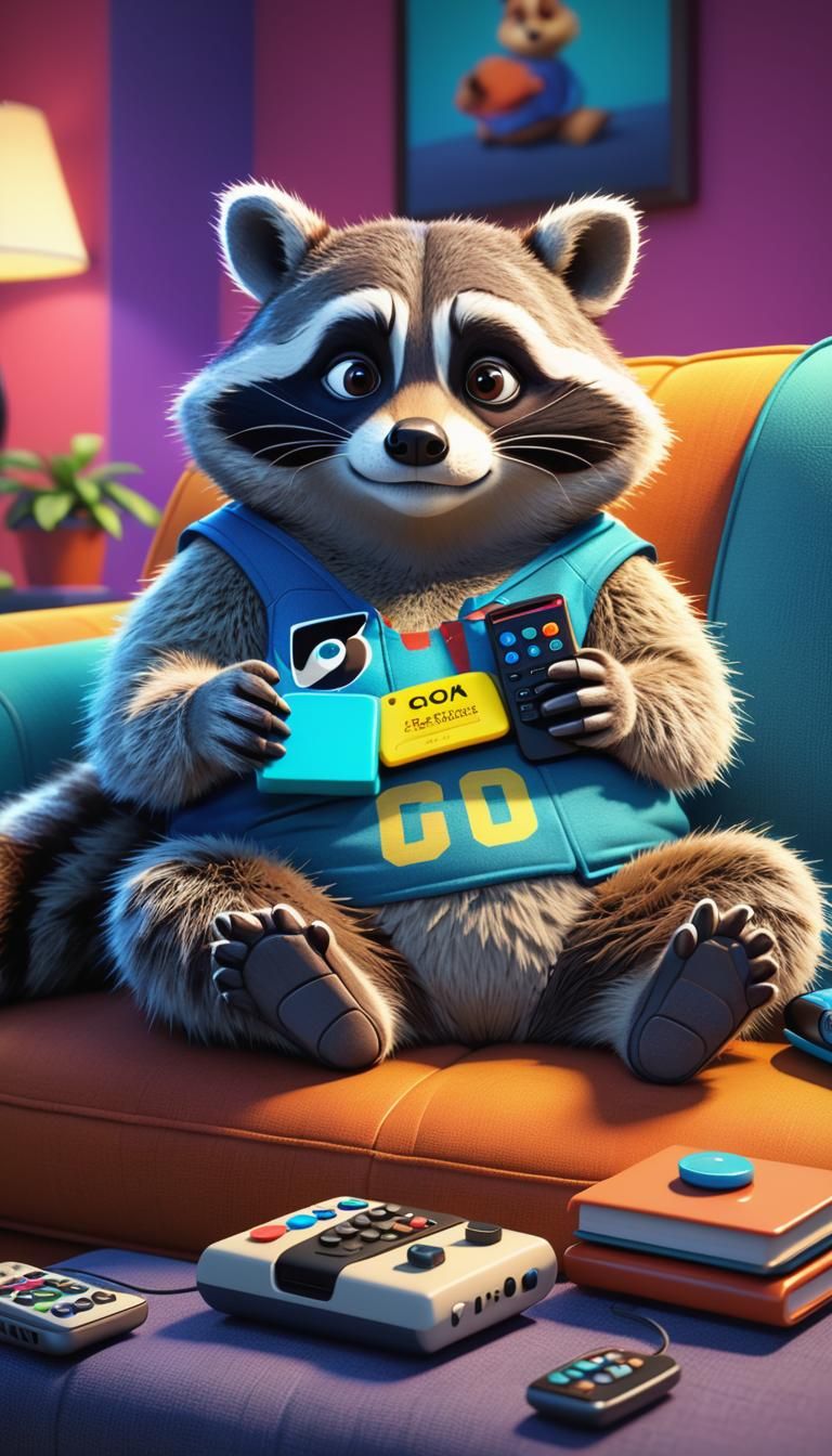Fluffy Raccoon on Couch: 3D Digital Art