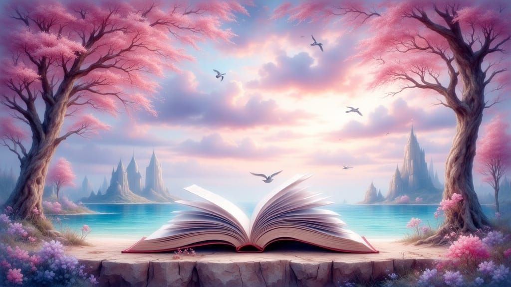 Open Book Reveals Nature Scene on Coastal Bay