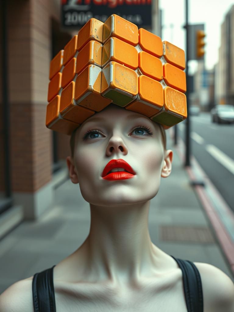 Surreal Woman with Rubik's Cube Head