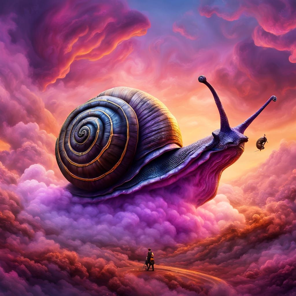 Man Rides Giant Snail in Surreal Dreamscape