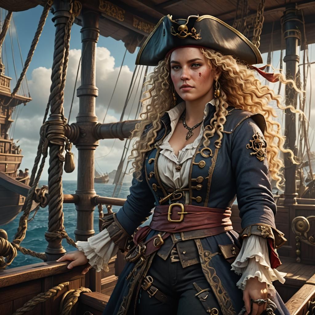 Plus-Size Pirate Woman on Ship: Fantasy Art