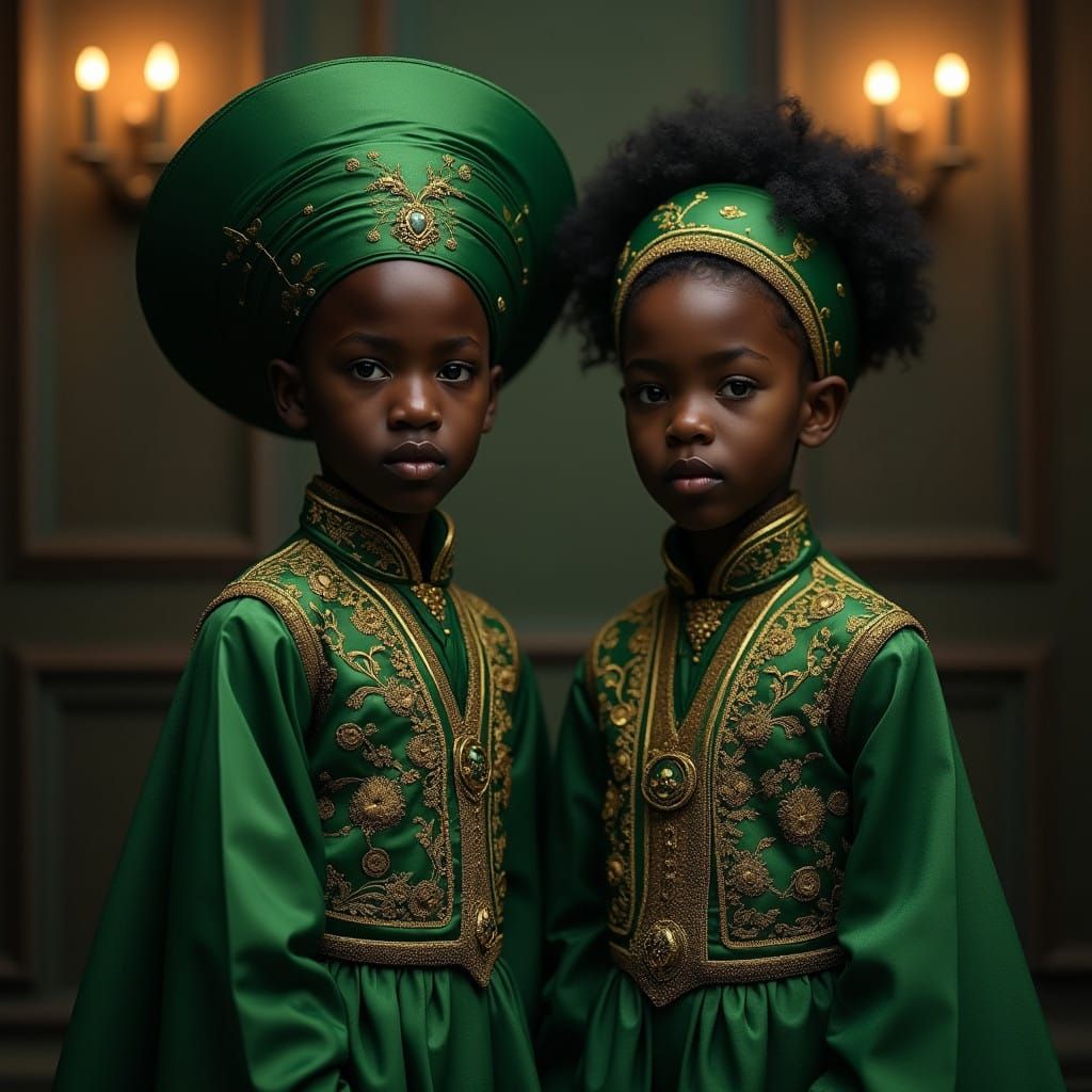Regal Black Children in Emerald and Gold Attire