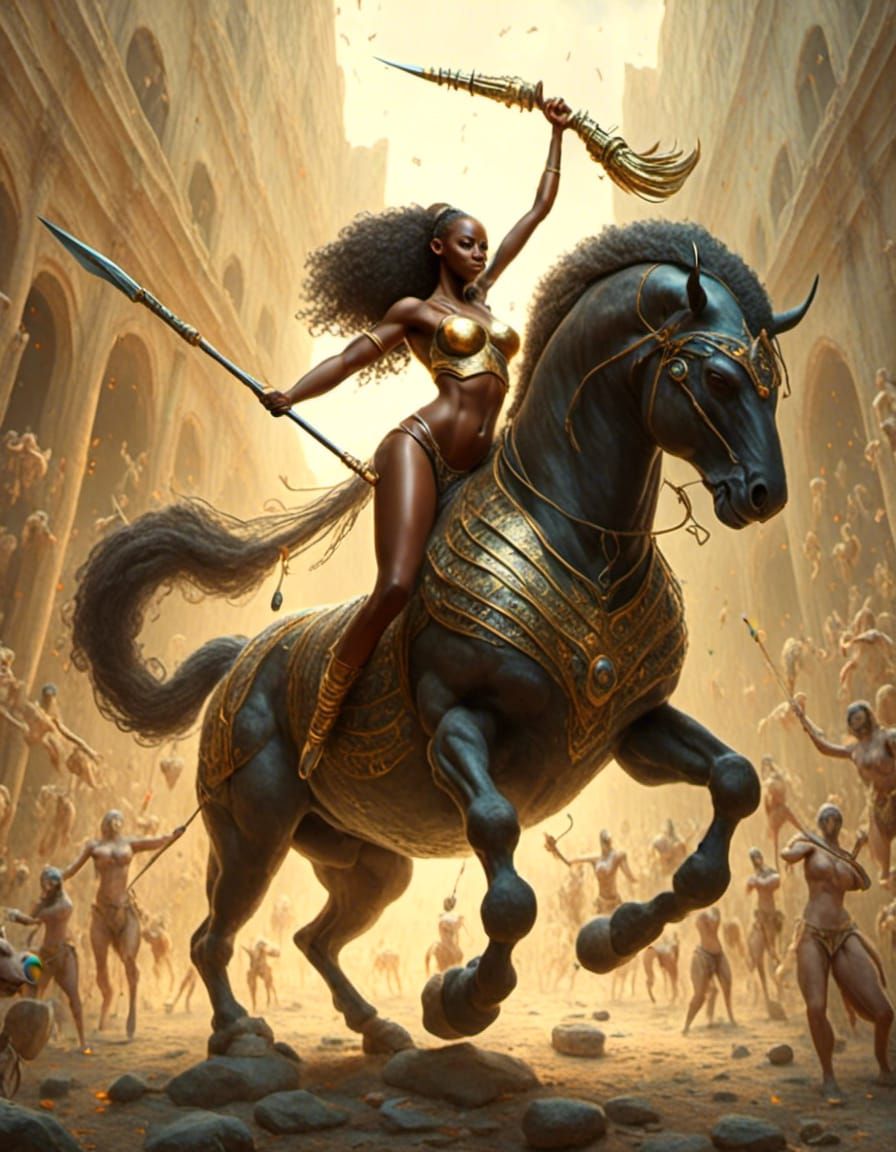 <lora:Centaur:1.0> Bald black woman centaur brandishing spea...