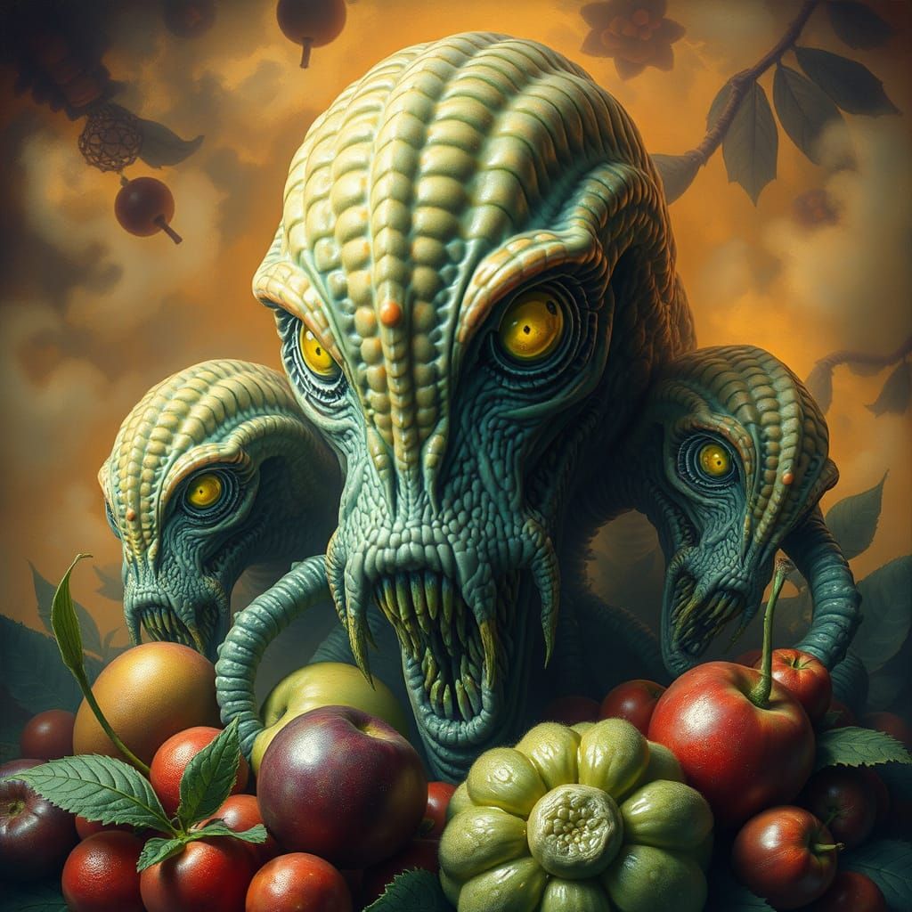 Dreamlike Monsters Surrounded by Vibrant Produce