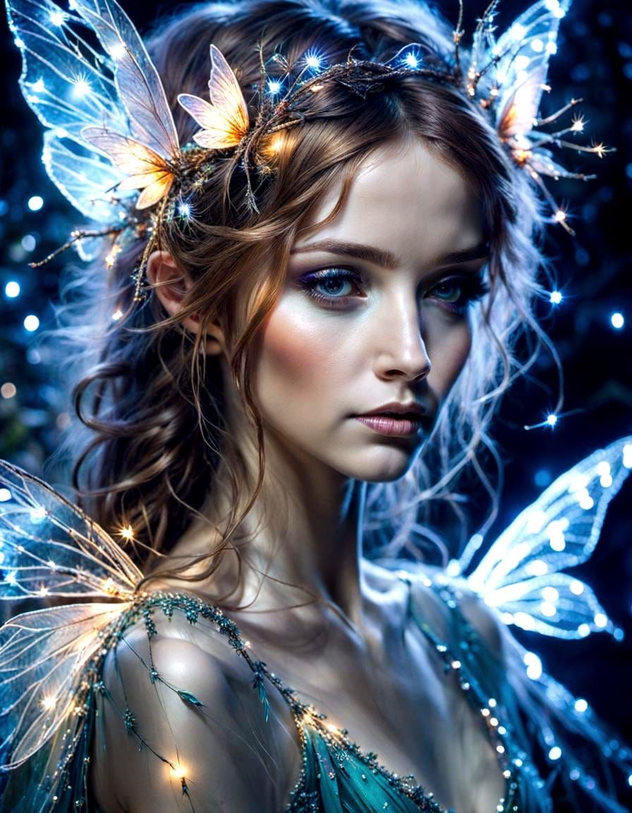 Hyperdetailed Light Fairy in a Nocturnal Cityscape