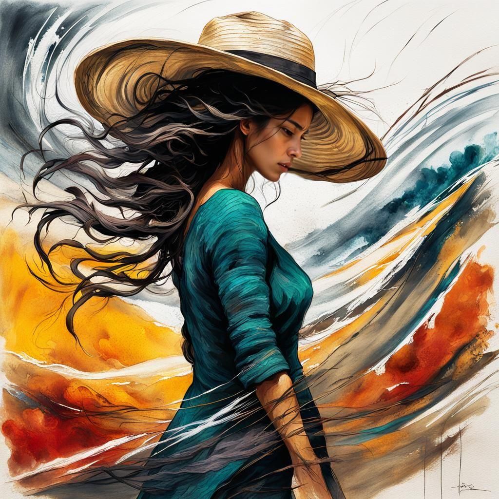 Woman Against Wind in Detailed Matte Painting