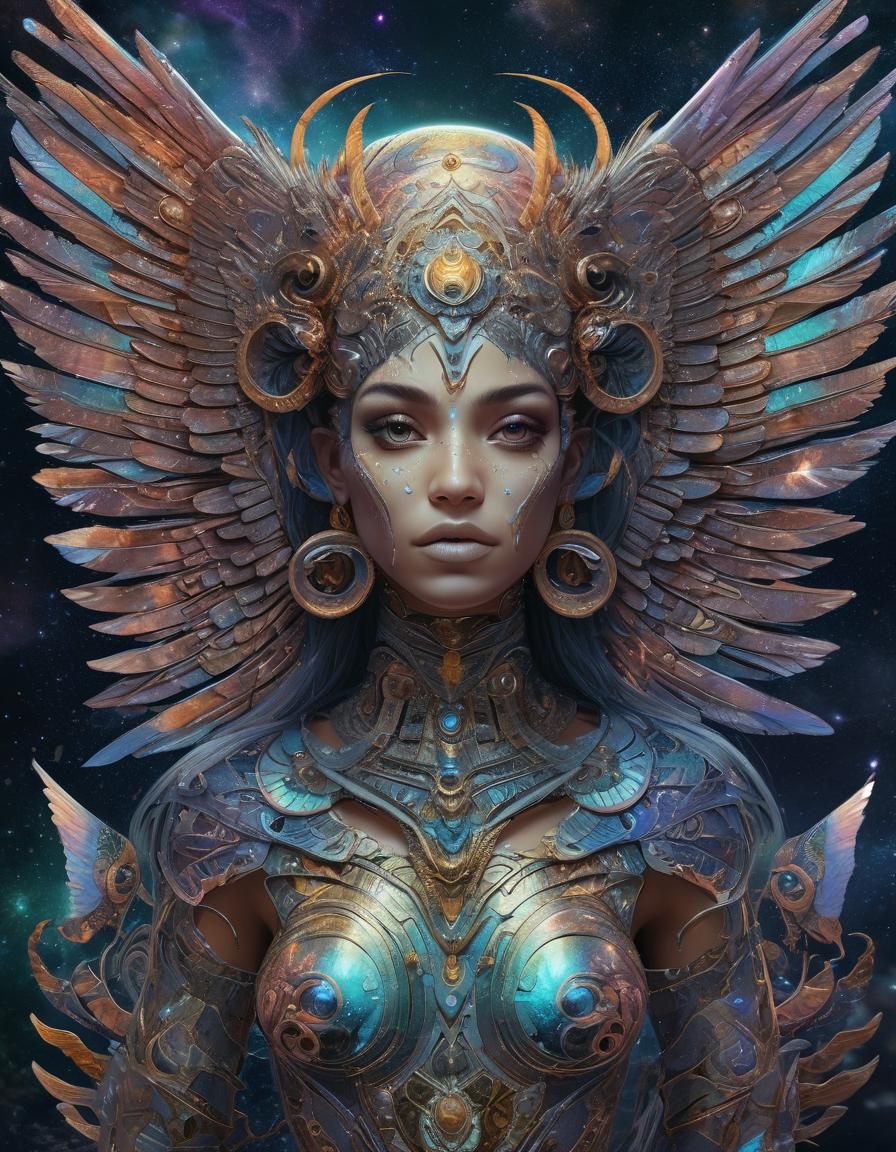 Winged Piranha Woman in Holographic Style