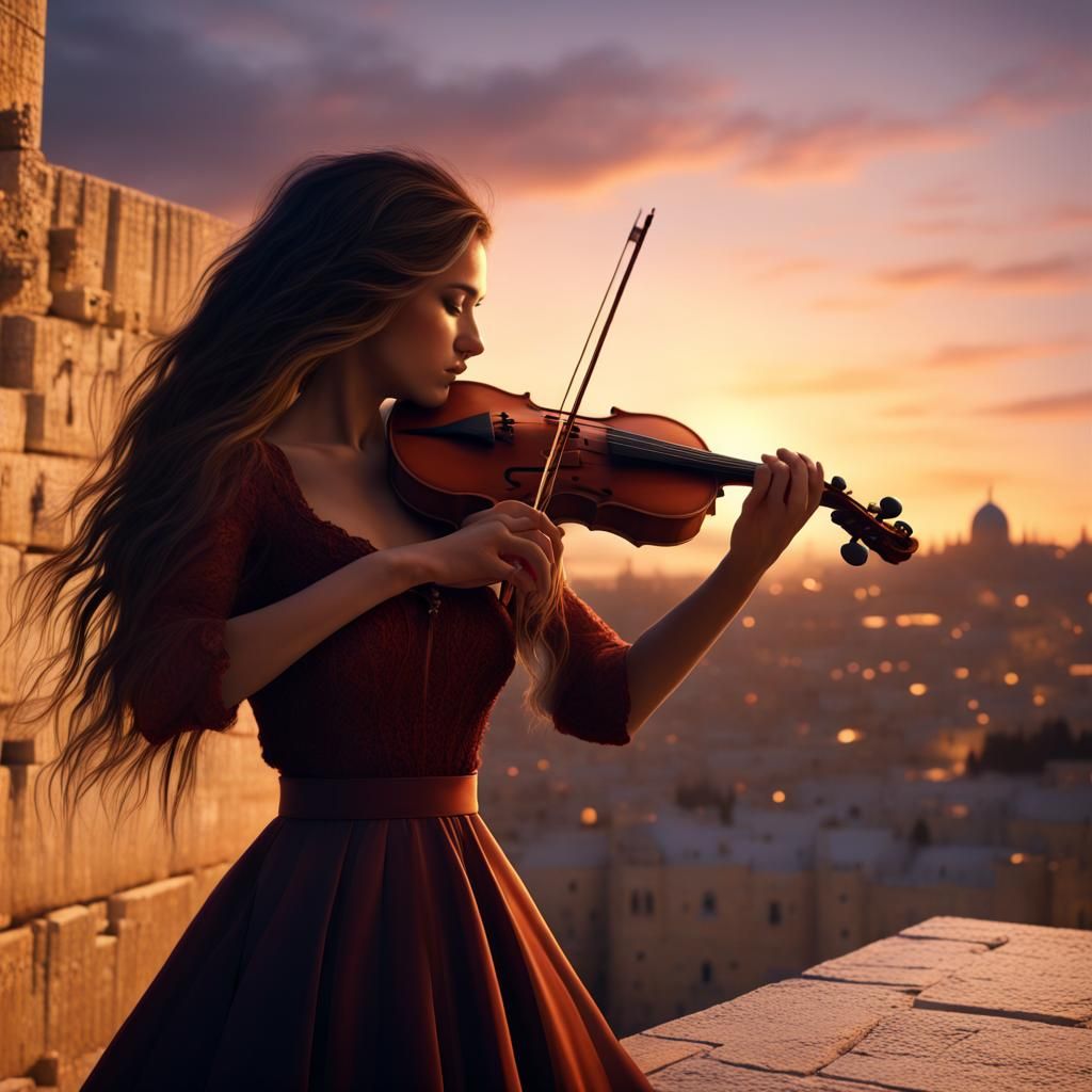 Silhouette of Violinist at Jerusalem Sunset