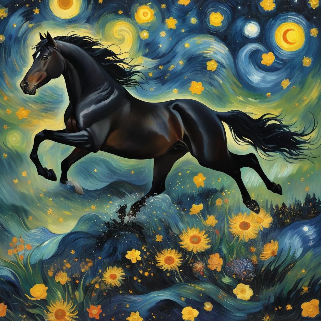 Black Stallion Galloping Through Starry Sky