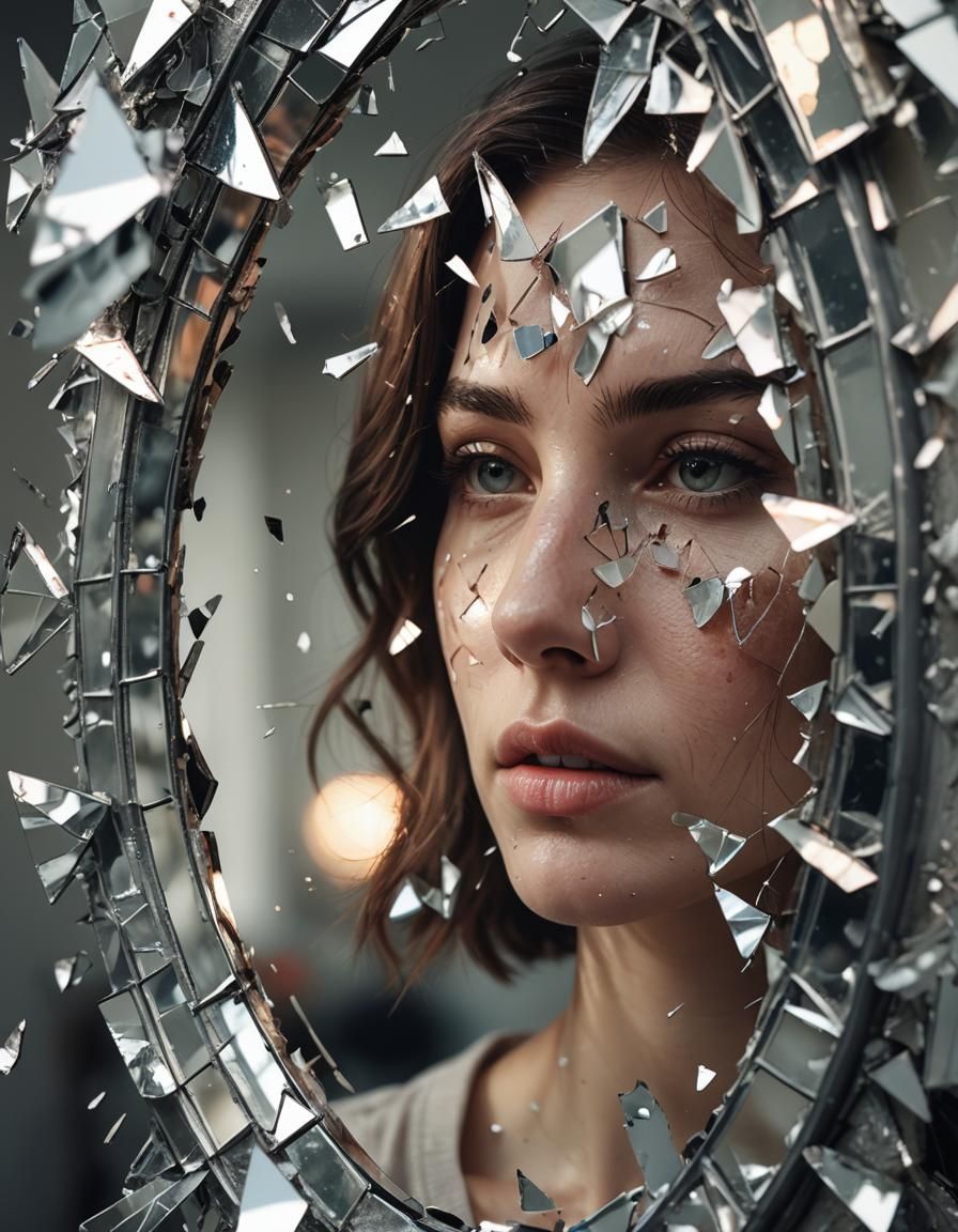 A broken mirror that show a reflection of a woman