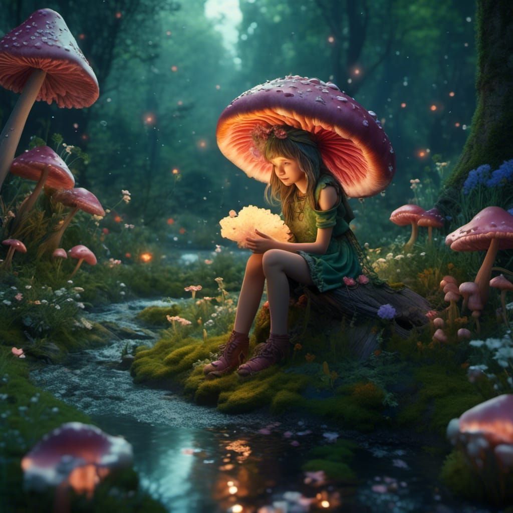 Mushroom Fairy Picking Flowers at Dusk