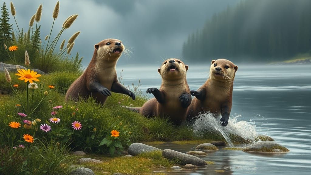 Otters Frolicking on Riverbank in Pacific Northwest Style