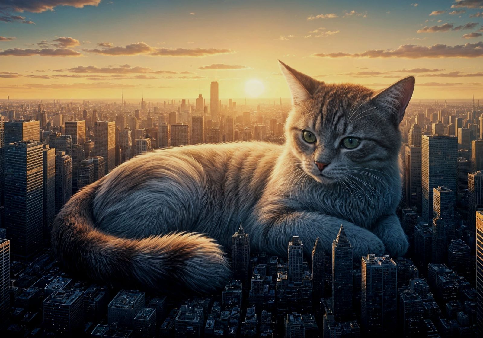 Colossal Cat Guardian Over Cityscape