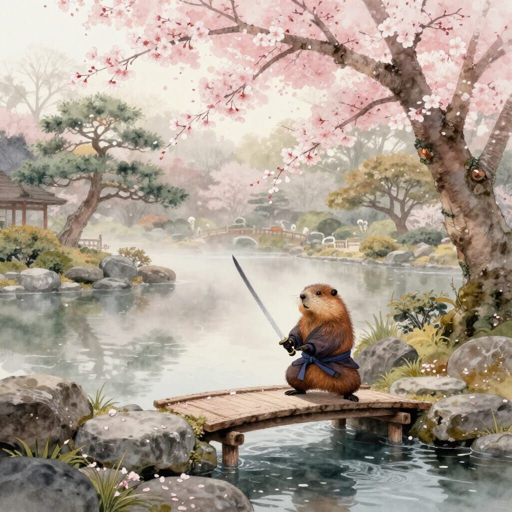 Samurai Groundhog in Tranquil Japanese Garden Watercolor