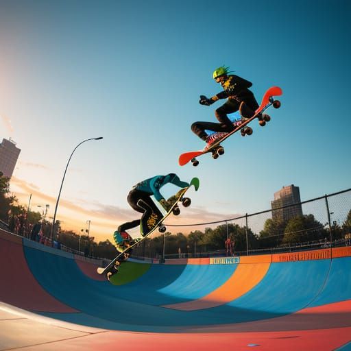 Dogs Performing Tricks on Skateboards in Vibrant Skatepark