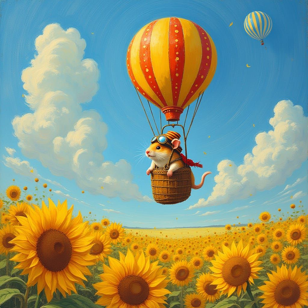 Whimsical Hamster Pilots Hot Air Balloon over Sunflowers in ...