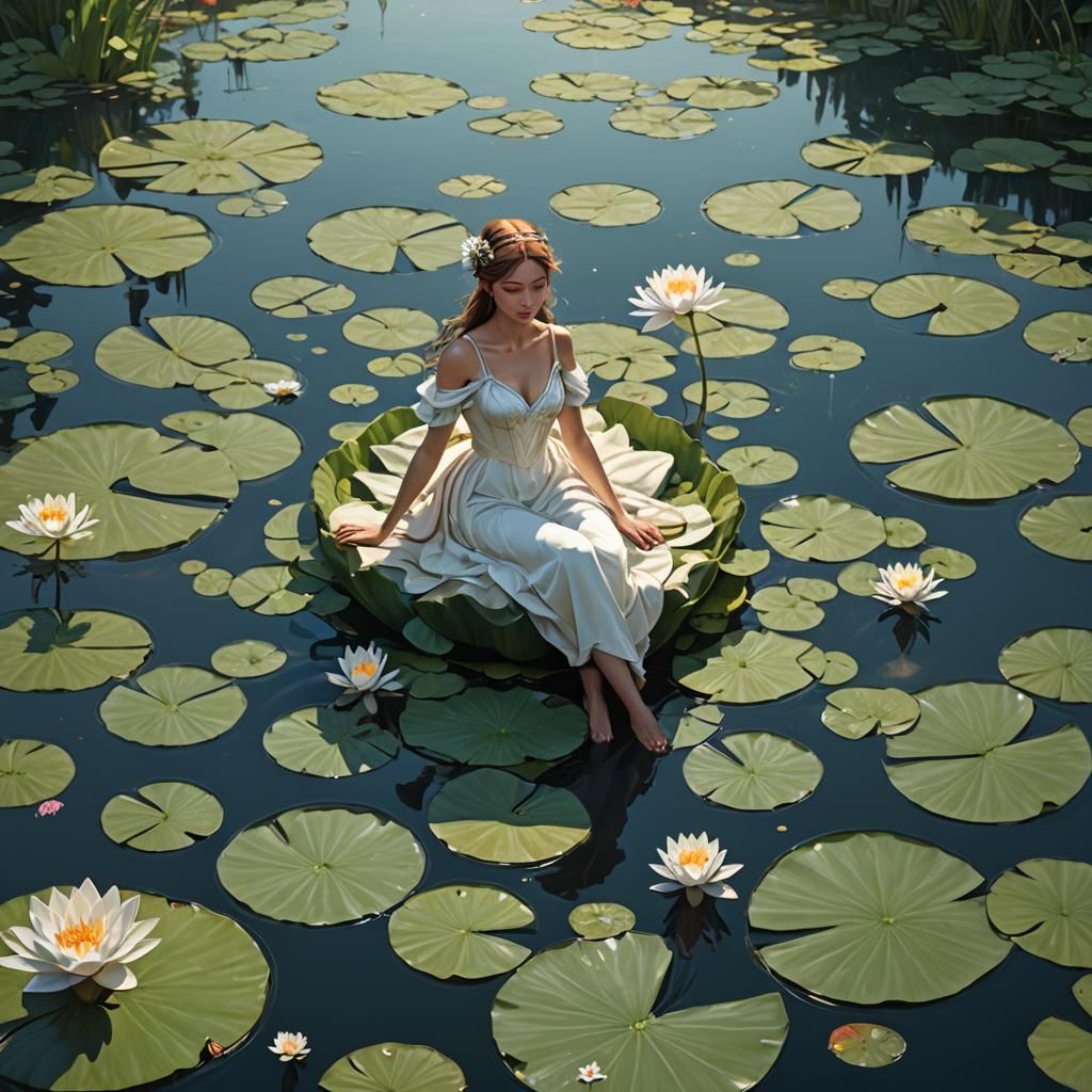 Thumbelina on Lily Pad, Art Nouveau Style