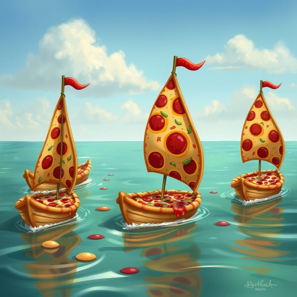 Pizza Boats on Marinara Sea: Digital Art