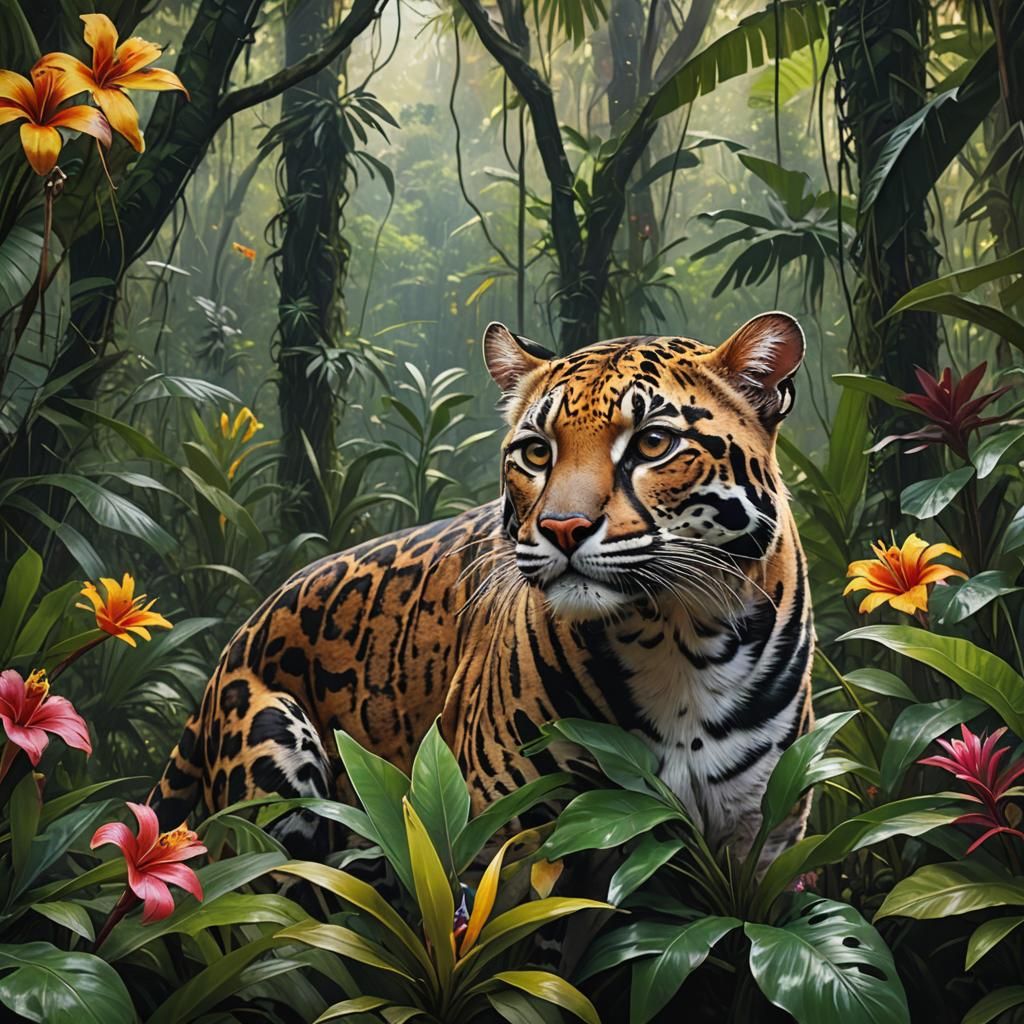 Resting Ocelot in Jungle, Realistic Oil Painting