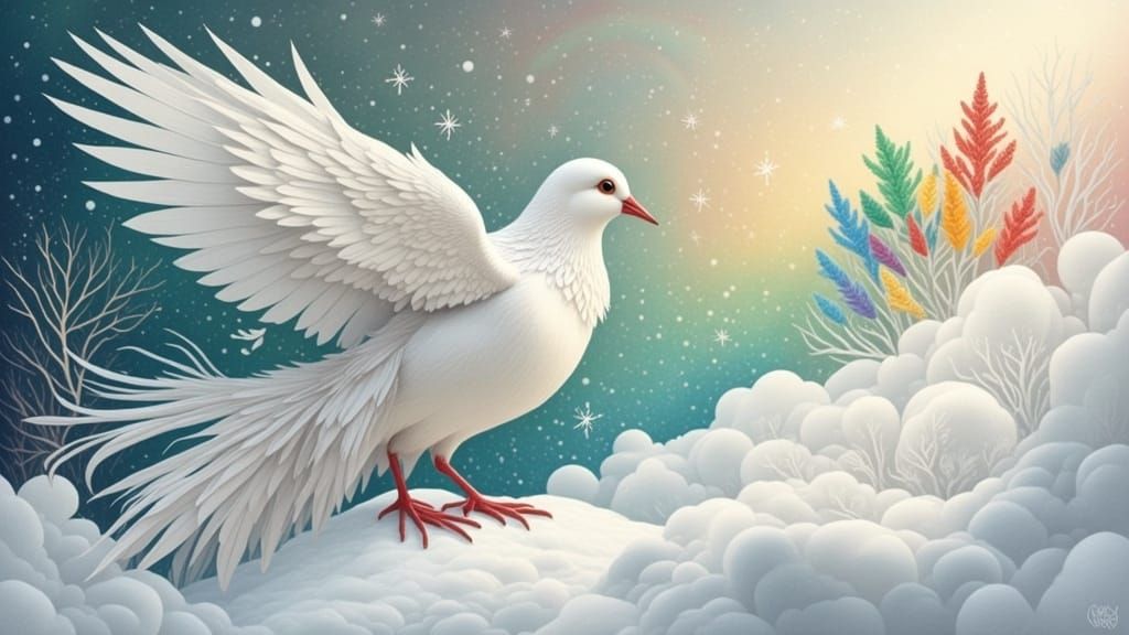 Ethereal Snow White Dove Amid Whimsical Blizzard