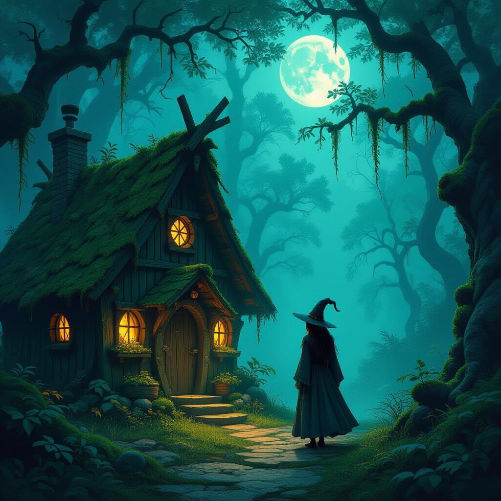 Witch's Moonlit Hut in Ancient Forest