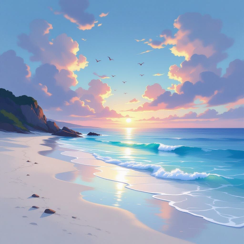 Glowing Cove with Pastel Clouds in Romantic Fantasy Style