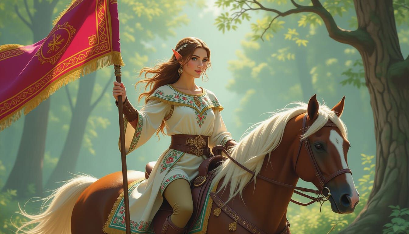 Elf Woman Rides Horse Through Forest: Photorealistic Art