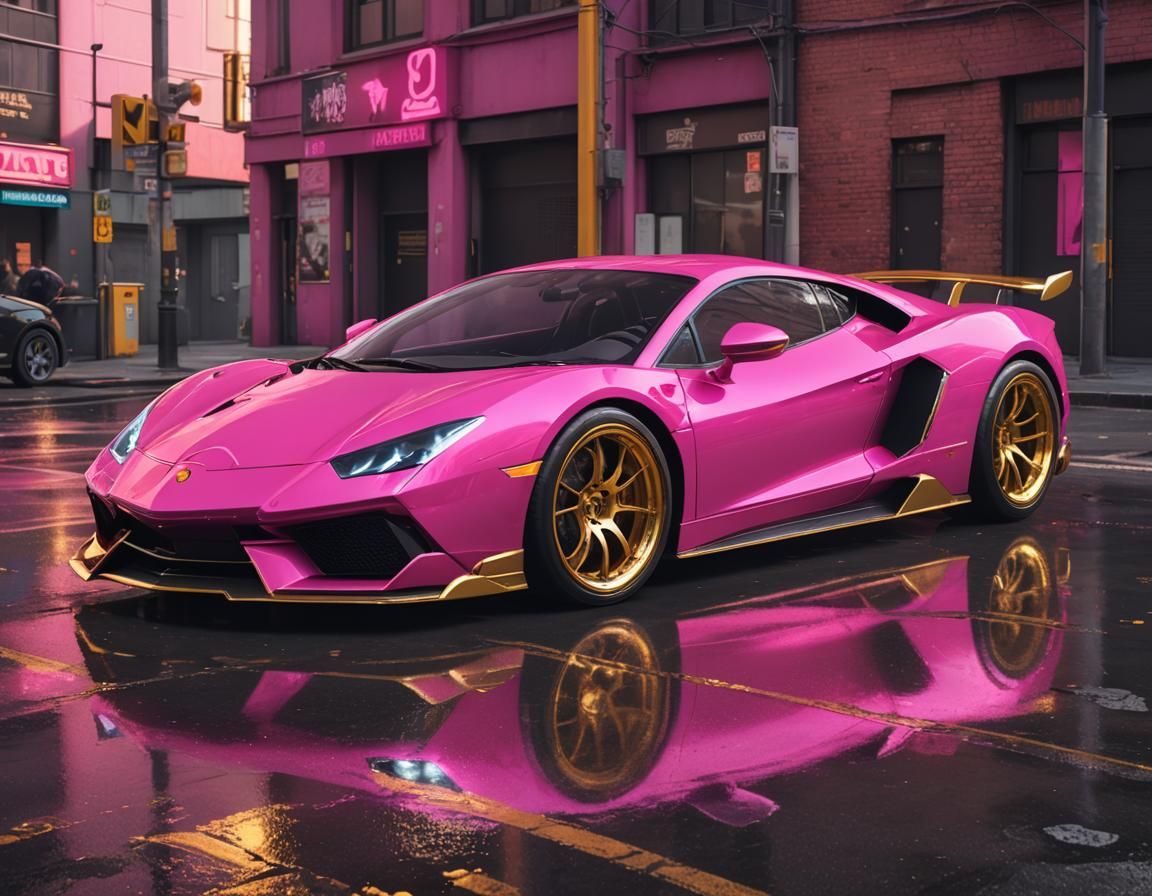 Neon Pink Supercar with Gold Rims in Unreal Engine