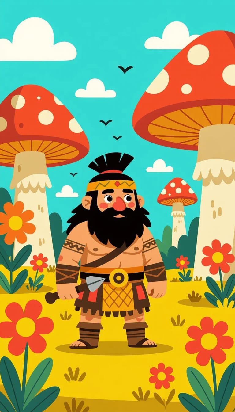Cartoon Primitive Warrior in Colorful Landscape