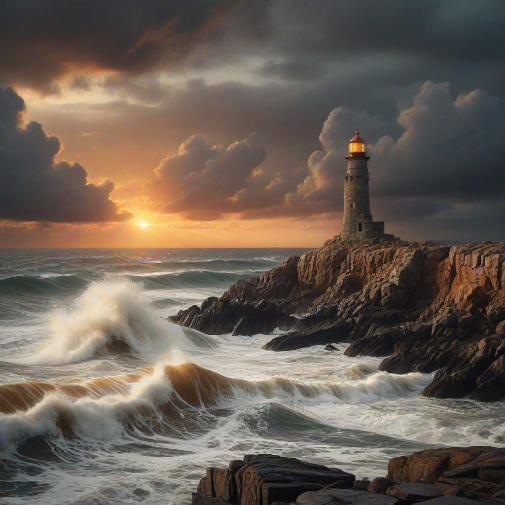 Dramatic Lighthouse on Rocky Shore in Expressionist Style