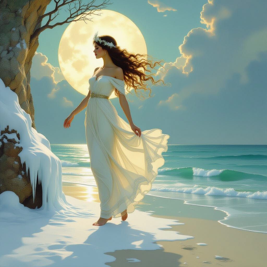 Ethereal Nymph on Serene Beach, Pre-Raphaelite Style