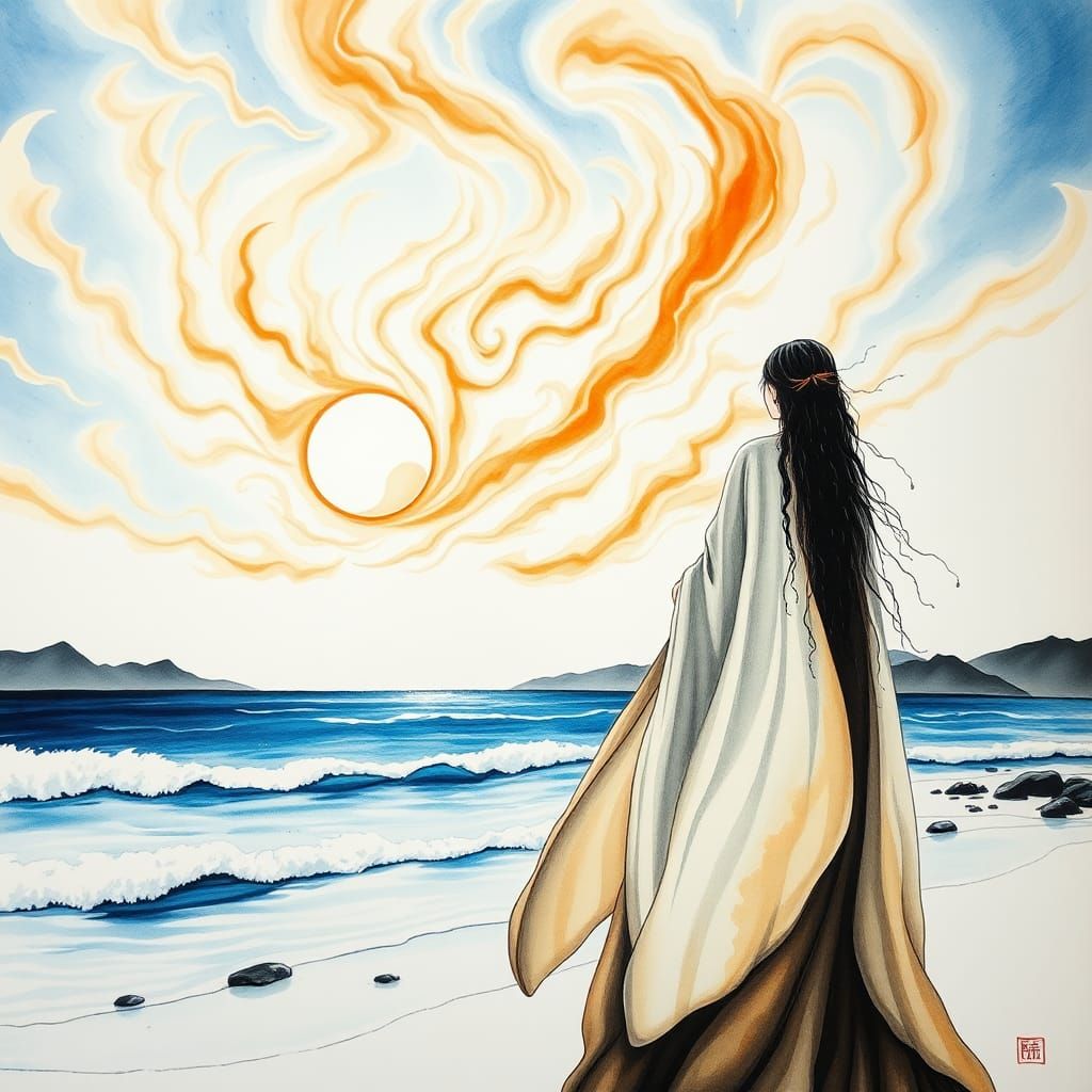 Surreal Yin-Yang Woman at Ethereal Shoreline in Ink