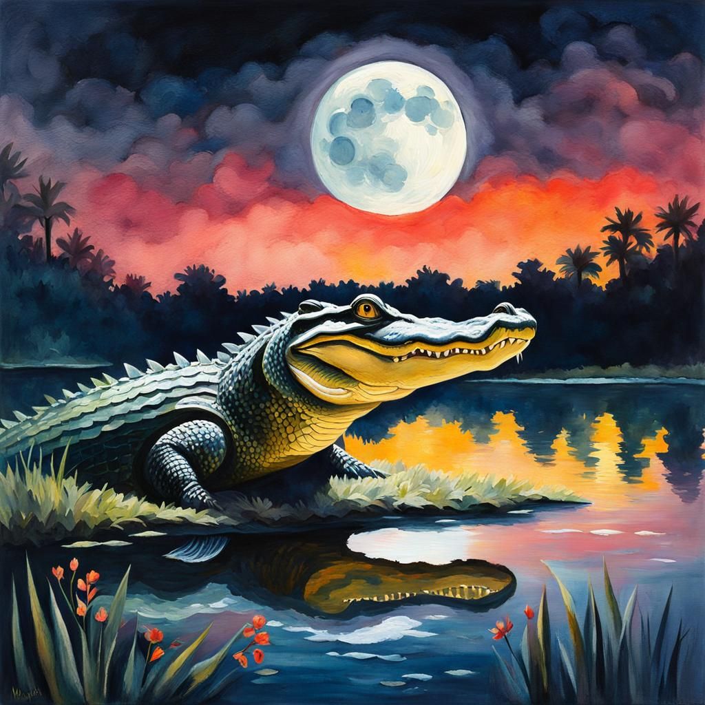 Alligator Swimming Under Moon in Gouache Style
