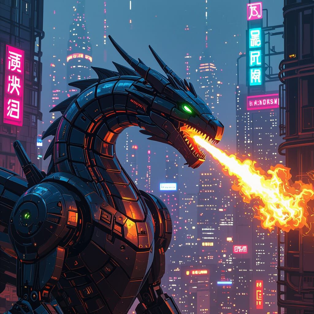 Futuristic Robot Dragon in Retro-Futuristic Style