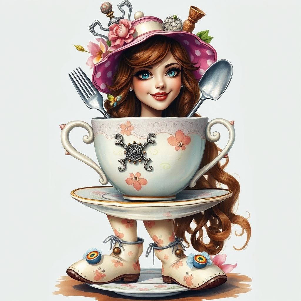 Woman in Whimsical Teacup Costume with Utensils