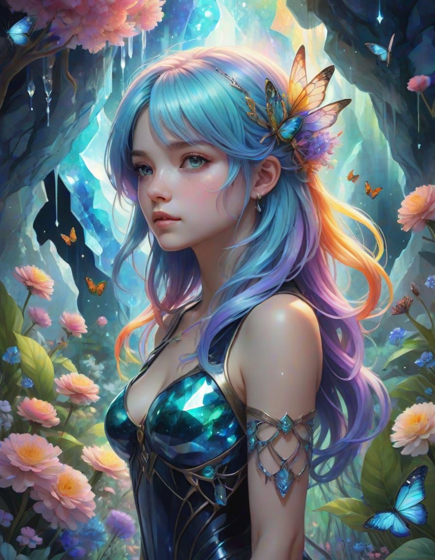 Bioluminescent Crystal Garden with Stardust Woman in Anime S...