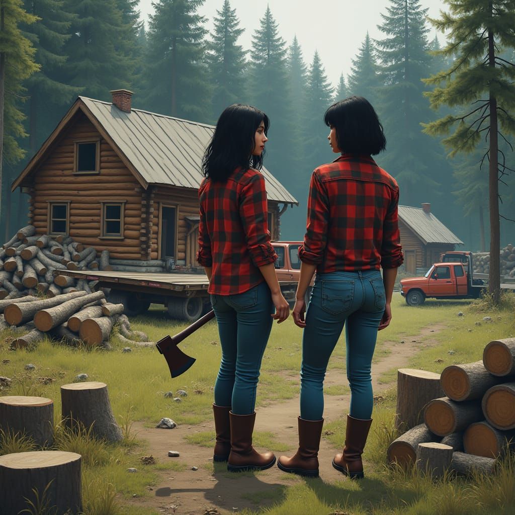 Two Women in Forest, Wearing Flannel and Carrying an Axe, in...