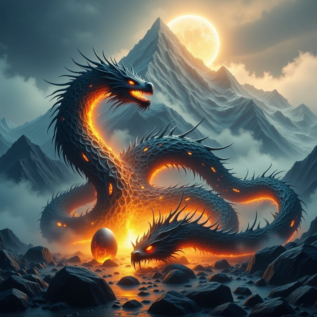 Dragon Eggs on Snowy Peak in Art Nouveau Style